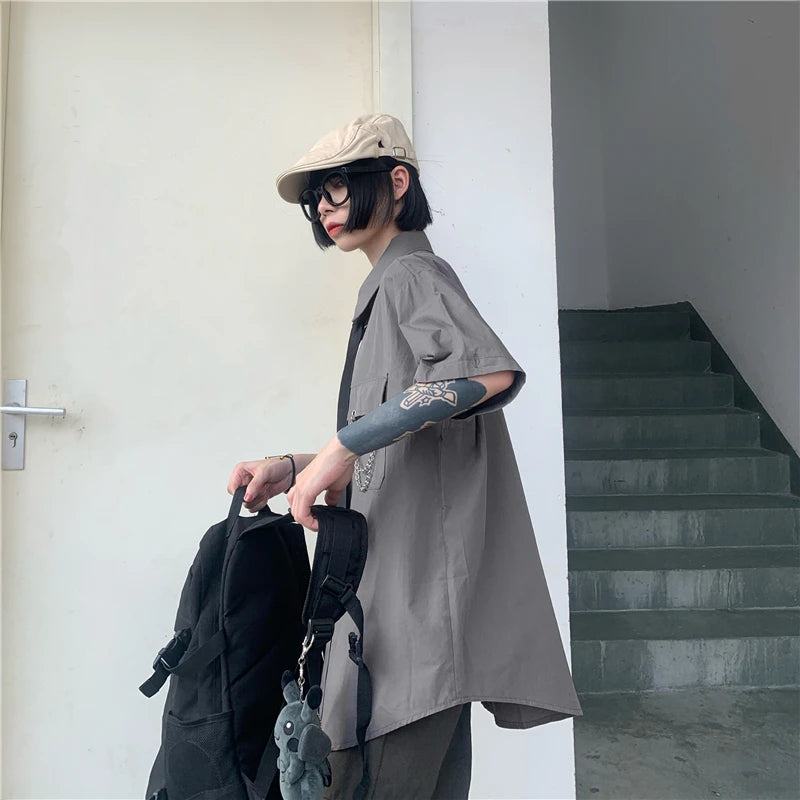 Women's Two-Way Wear Long Sve irt Loose Fit Street Sle Korean Version Retro BF Top  Collar Button up Polyester