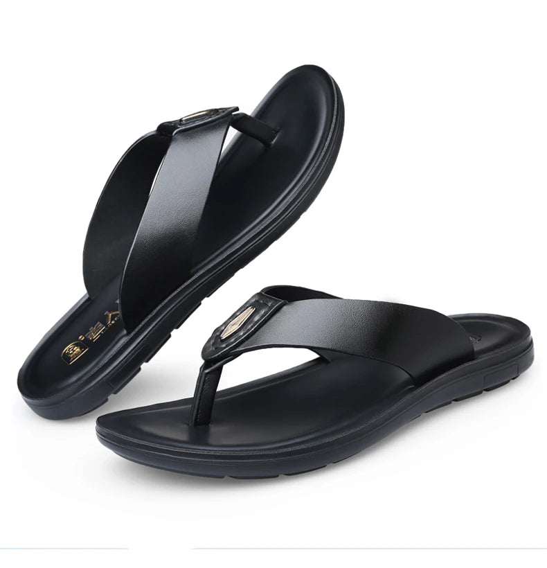 LAORENTOU slippers, men's genuine leather, Korean version, clip on flip flops, men's sandals, cowhide soft sole, anti slip