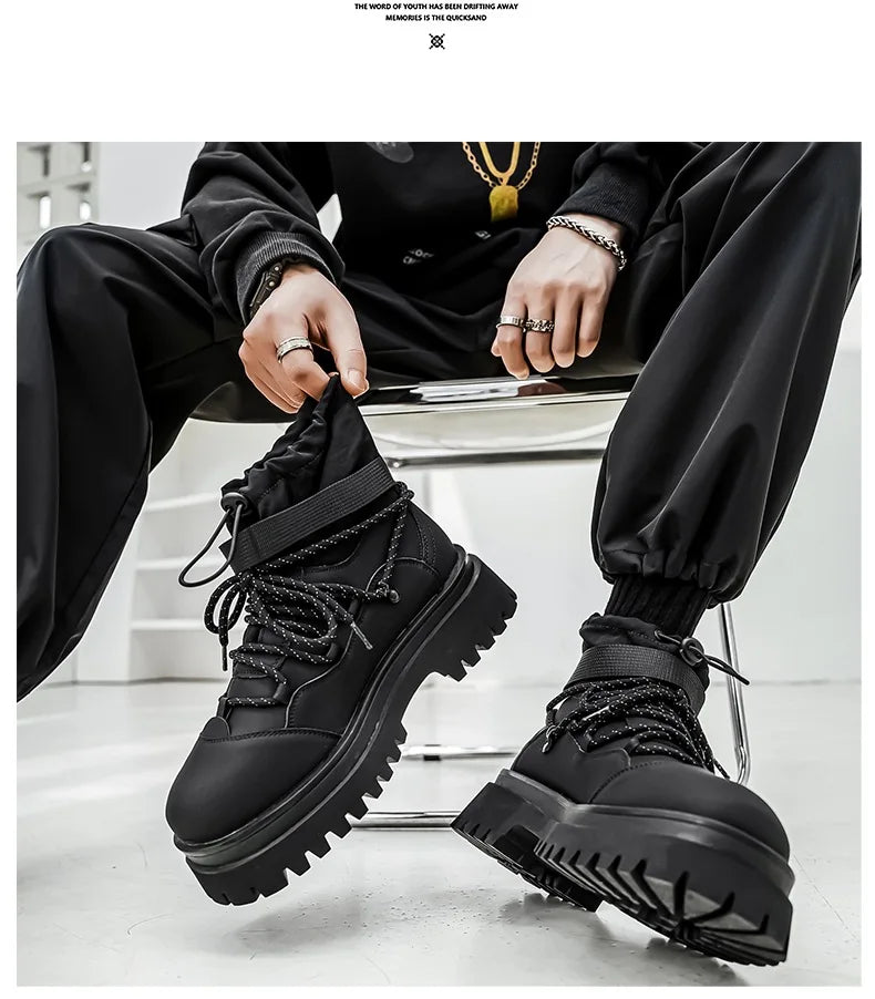Men Platform Ankle Boots Fashion Personalized Strap Design Shoes Brand High Quality Motorcycle Boots Casual Outdoor Zipper Shoes