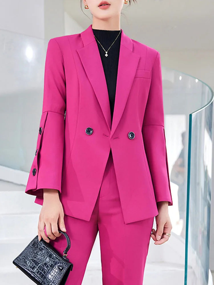 Yitimuceng Slim Blazers for Women 2024 Office Ladies New Fashion Long Sleeve Coats Solid Lapel Double Breasted Pant Suits