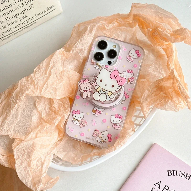 Cute Cartoon Sanrio Hello Kitty Magnetic Holder Magsafe Wireless Charge Phone Case For iPhone 15 14 13 12 11 Pro Max Hard Cover