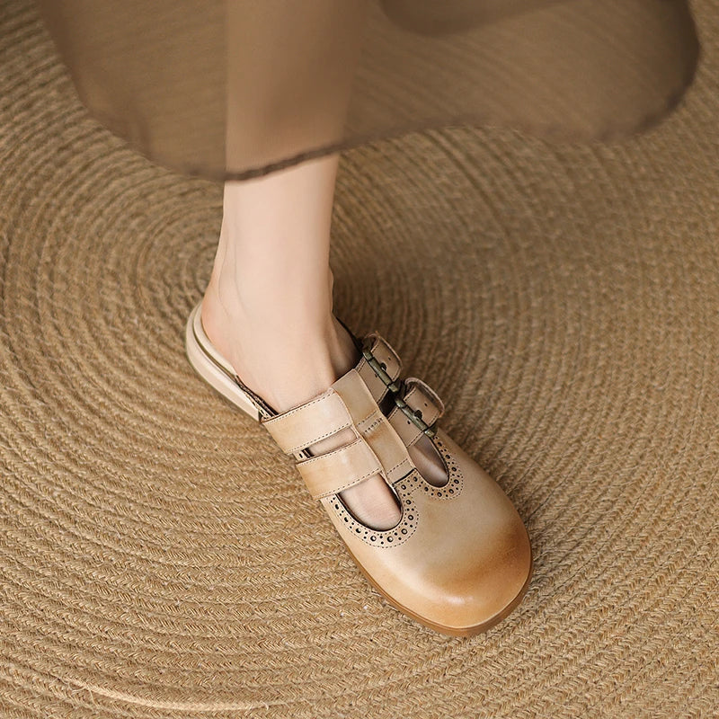 New Fashion Sandal Women Pumps Shoes Sexy Slingback Heels Retro Leather Party Casual Summer Round Toe Shoes Mueller Slippers