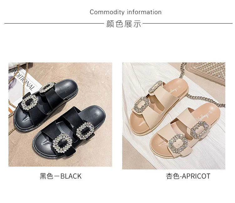 2025 Brand Rhinestone Buckle Sandals Women Double Band Slippers Crystal Shoes Ladies Casual Slides Slip On Flat Heels Flip Flops