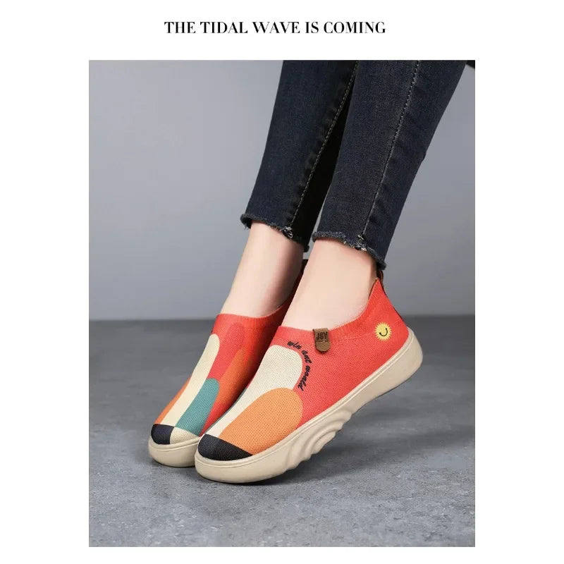 Spring and summer women's breathable knitted sports shoes, casual sponge shoes, lightweight mesh low top shoes  platform boots