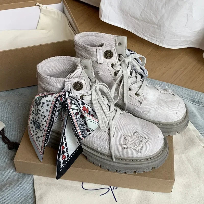 Women's Boots  New Thick Sole Breathable Ribbon Strap Short Boots Anti Slip Lace-up Height Increasing Fashion Boots