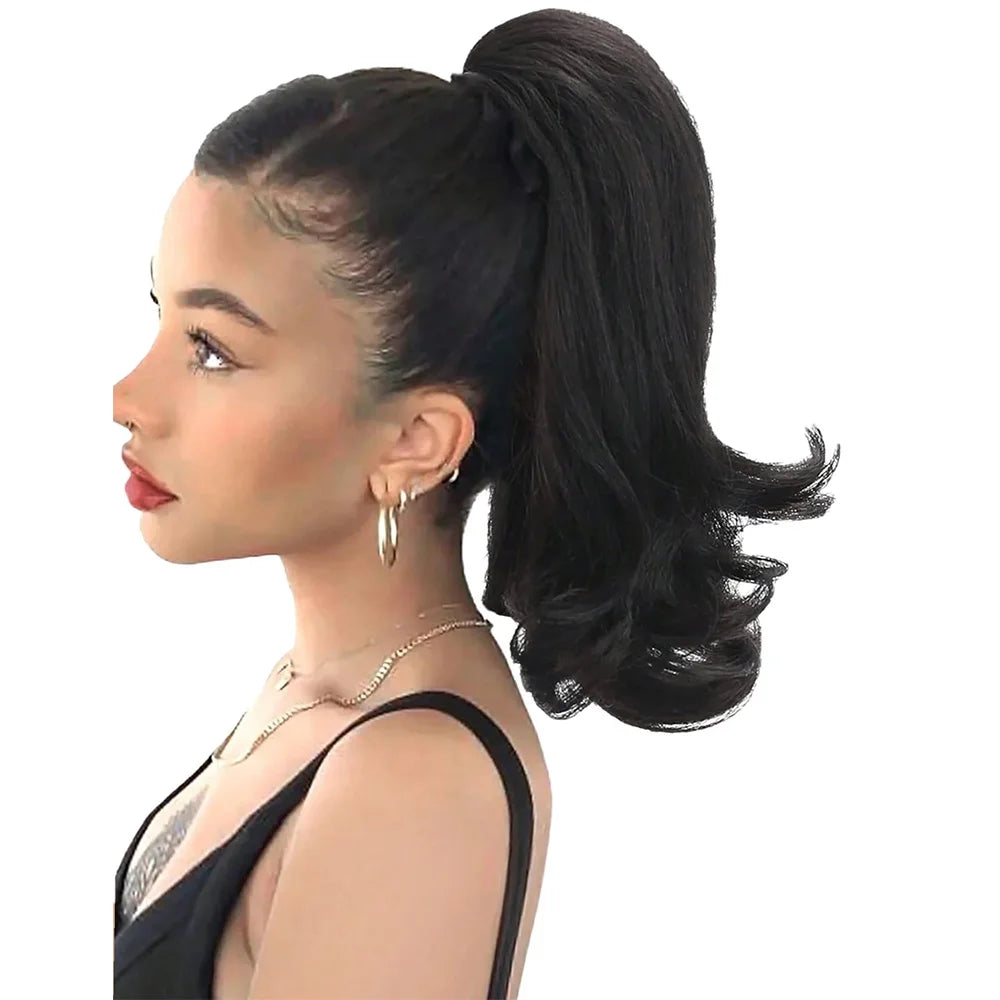 Synthetic Tail Warping 16"  Kinky Straight Hairpiece Drawstring Ponytail Hair Extension Natural Black Women Girl Daily Party Use