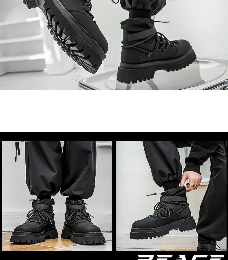 Men Platform Ankle Boots Fashion Personalized Strap Design Shoes Brand High Quality Motorcycle Boots Casual Outdoor Zipper Shoes