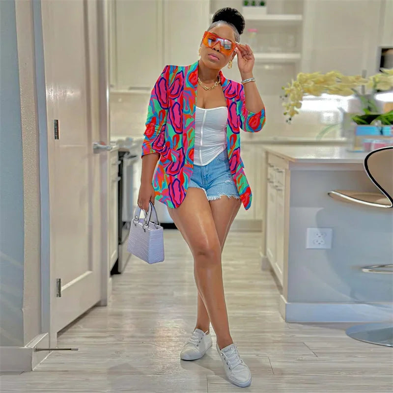 Streetwear Tie Dye Print Blazer Coat for Women Jacket 2023 Elegant Blazers Ladies Outerwear Stylish Y2K Tops Casaco Feminino