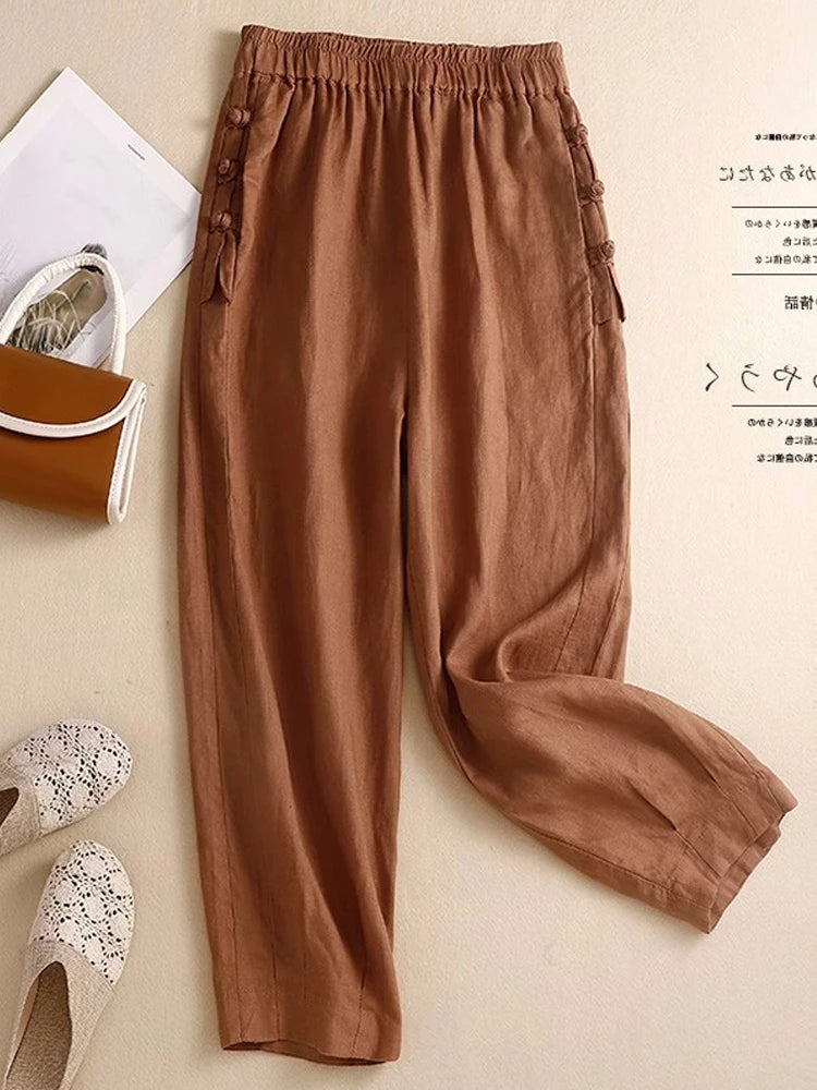 Japan Style Cotton Harem Pants Female Retro Buttons Casual Loose Ankle-Length Trousers for Women Pantalones Mujer