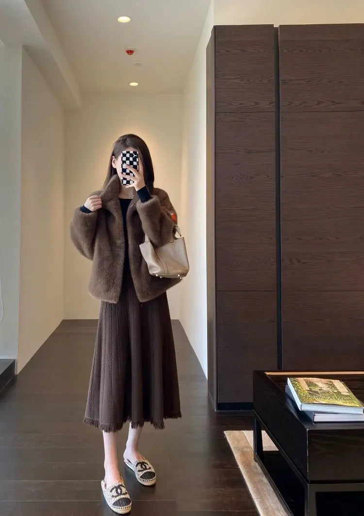 Spring Autumn Lady Short Leather Fur Outwear 2024 Women Fashion Stand Collar Mink Fur Top Female Long Sleeves Fox Jacket