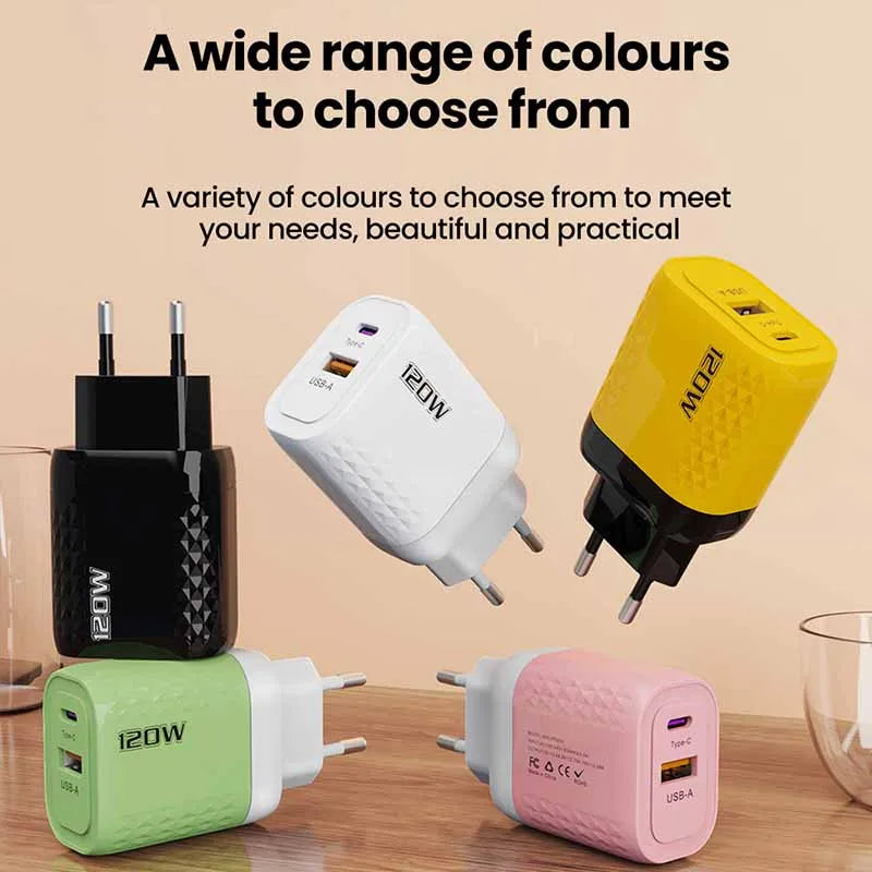 120W Charger USB C Fast Charger For iPhone Xiaomi Samsung Oneplus Phone Adapter 2 Ports QC3.0 Fast Charging PD Charger Adapter