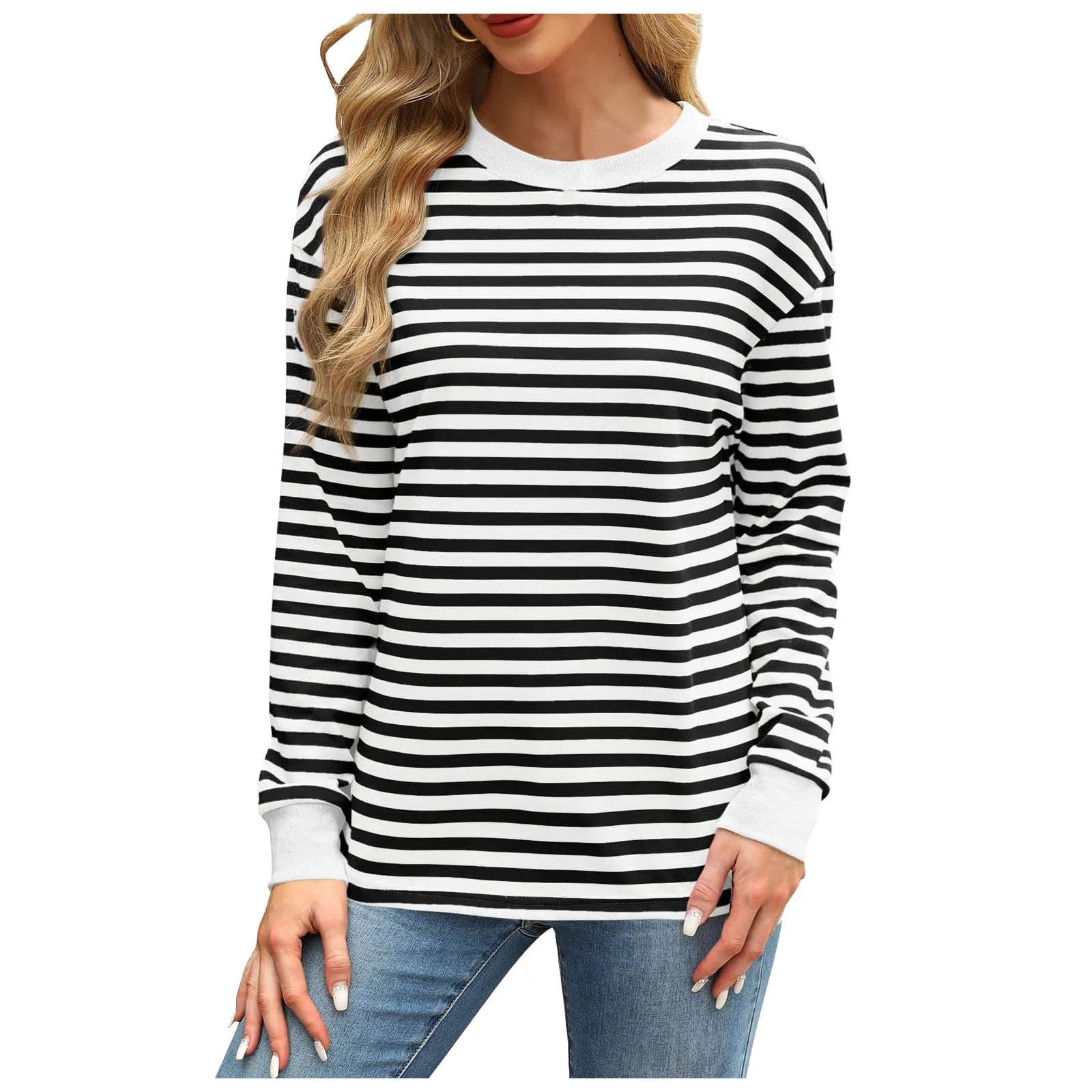 Women Casual Top Fashion Contrast Loose Round Neck Long Sleeve Stripe Printed Top Oversized Loose Pullover Autumn Clothes