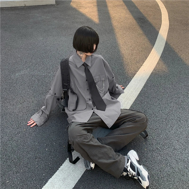 Women's Two-Way Wear Long Sve irt Loose Fit Street Sle Korean Version Retro BF Top  Collar Button up Polyester