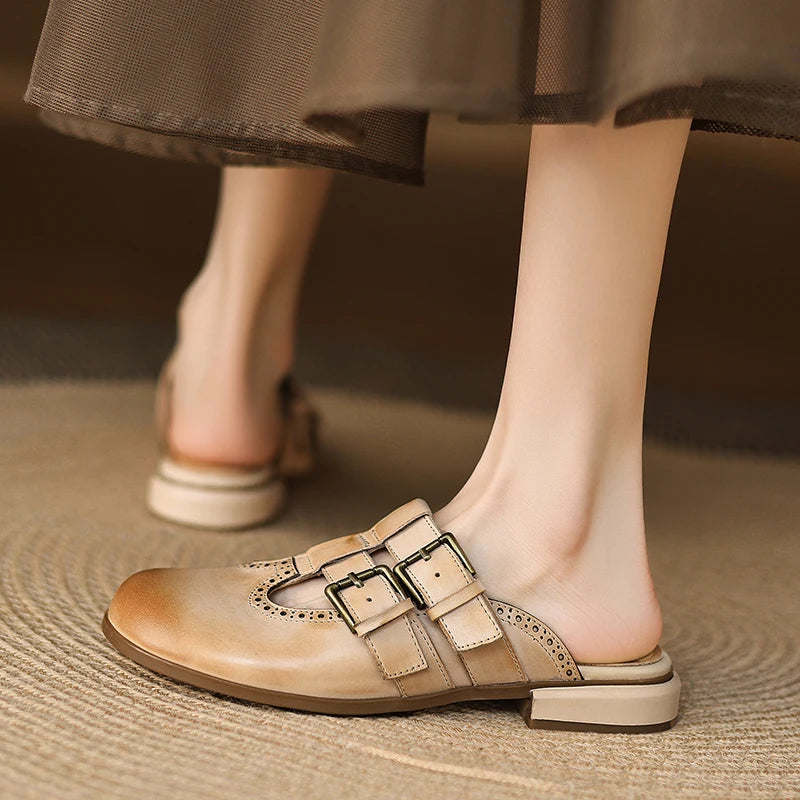 New Fashion Sandal Women Pumps Shoes Sexy Slingback Heels Retro Leather Party Casual Summer Round Toe Shoes Mueller Slippers