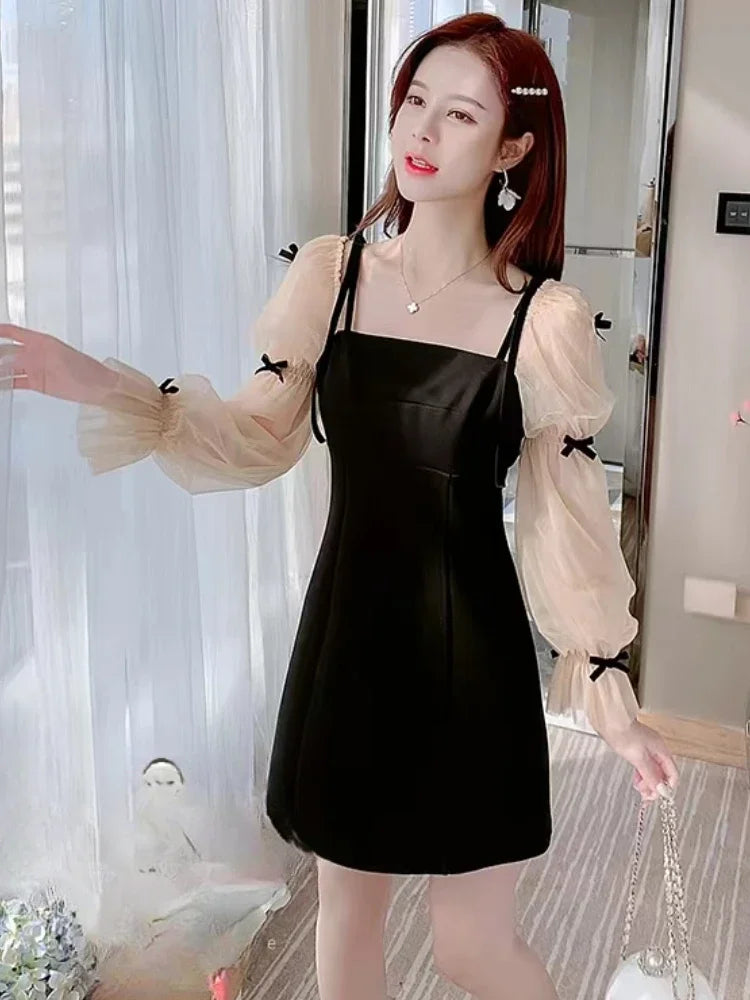 Flare Sleeve Evening Dress for Women Black Elegant Bow Mesh Patchwork Luxury Temperament Famous Lady Aesthetic Платье Женское