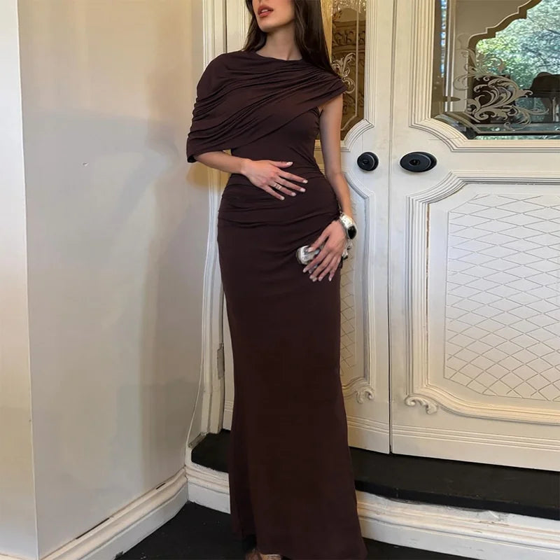 Mozision Irregular Ruched Sexy Maxi Dress For Women Elegant Autumn Inclined Shoulder Pleated Club Party Long Dresses Female