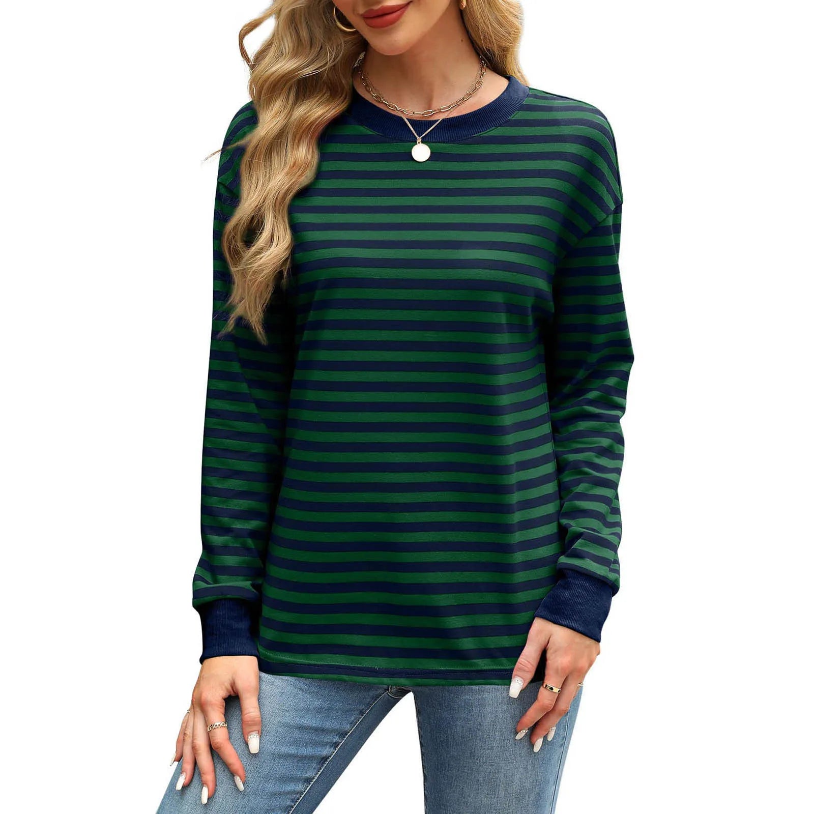 Women Casual Top Fashion Contrast Loose Round Neck Long Sleeve Stripe Printed Top Oversized Loose Pullover Autumn Clothes