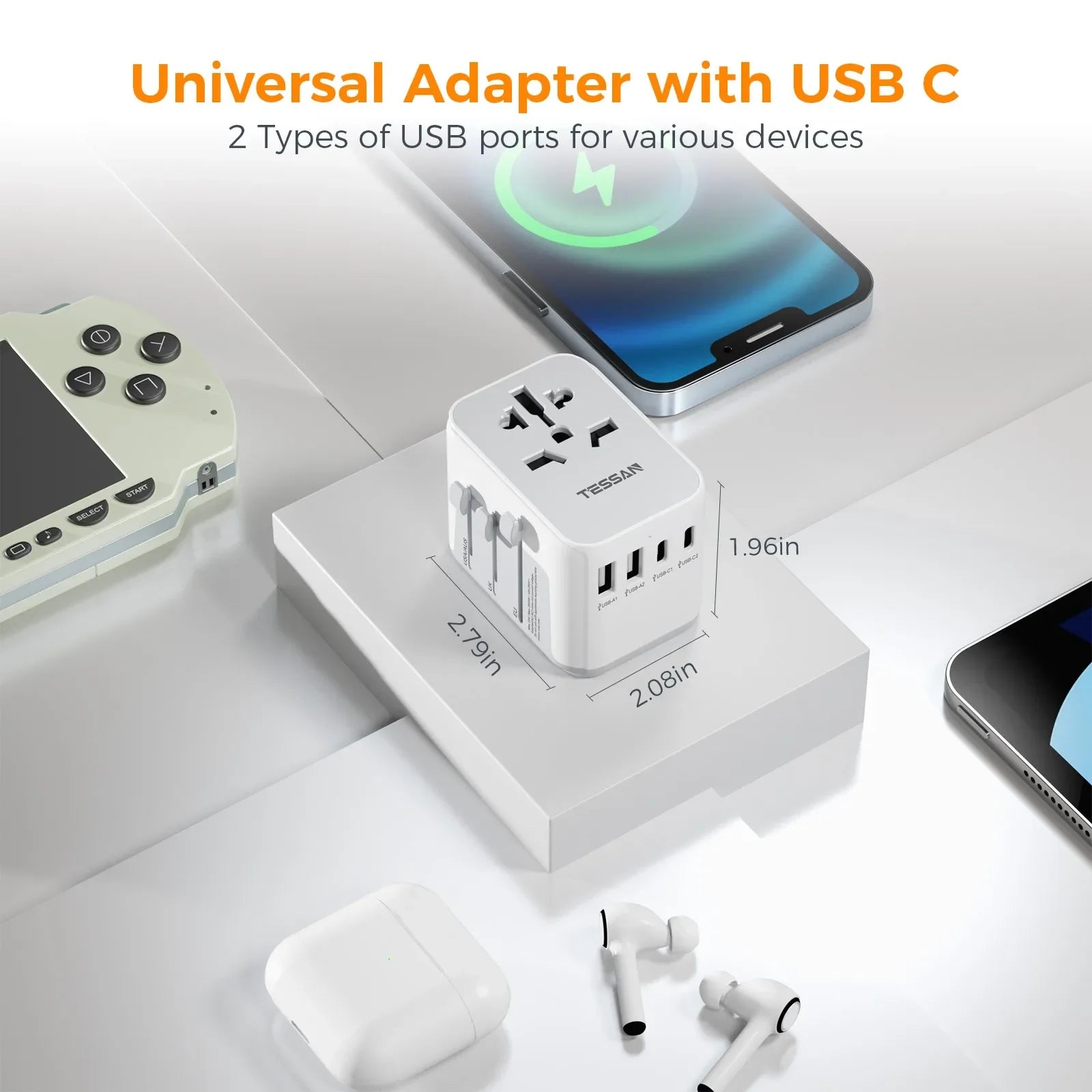 TESSAN Universal Worldwide All in One Charger Travel Power Plug Adapter with USB Type C Charging Ports for USA EU UK AU