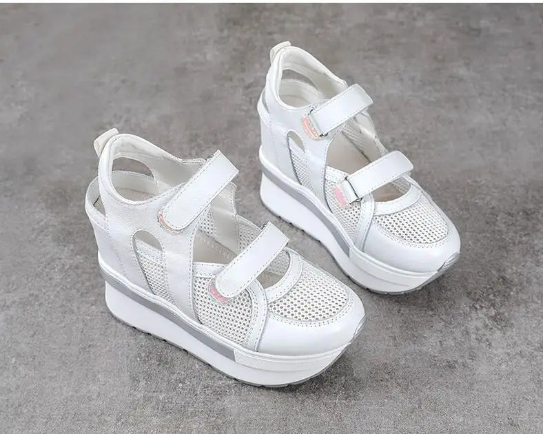 10cm Air Mesh Genuine Leather Platform 2025 Wedge Flats Sneakers Hook Summer Women Comfy Fashion Chunky Sneaker Sandals Shoes