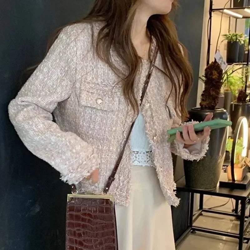 HJLZWB New Fashion Korean Chic Vintage Tweed Woolen Jacket Coat Women Autumn Single Breasted Plaid Tassel Office Lady Outwea2023