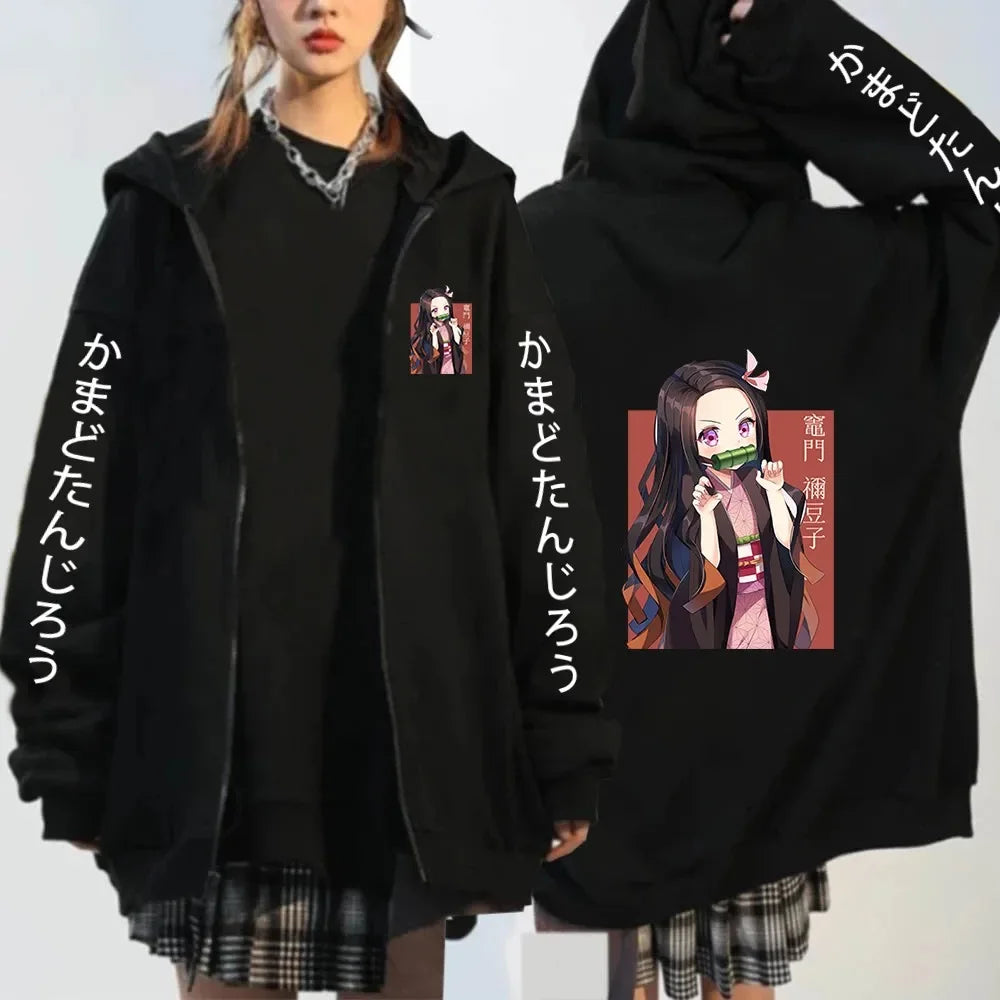 Women's Fashion Zipper Sweater Japanese Anime Hoodie Demon Slayer Pattern Printed Sweatshirt Autumn/Winter Warm Long Sleeve Coat