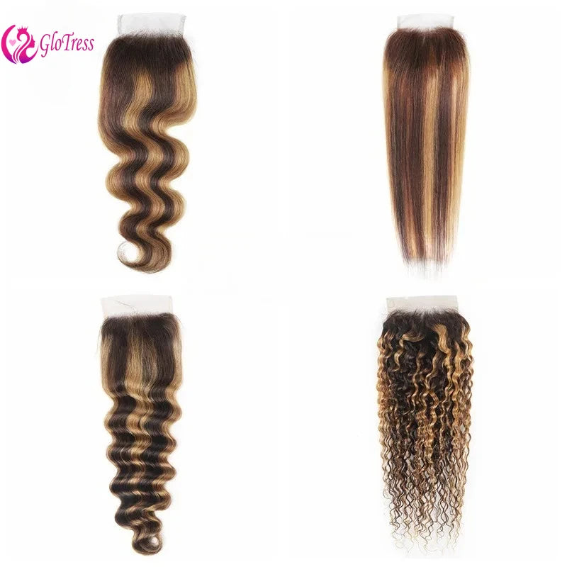 4x4 Lace Closure Human Hair 20Inch Highlight P427 Straight Body Wave Deep Kinky Curly Transparent Closure Brazilian Virgin Hair