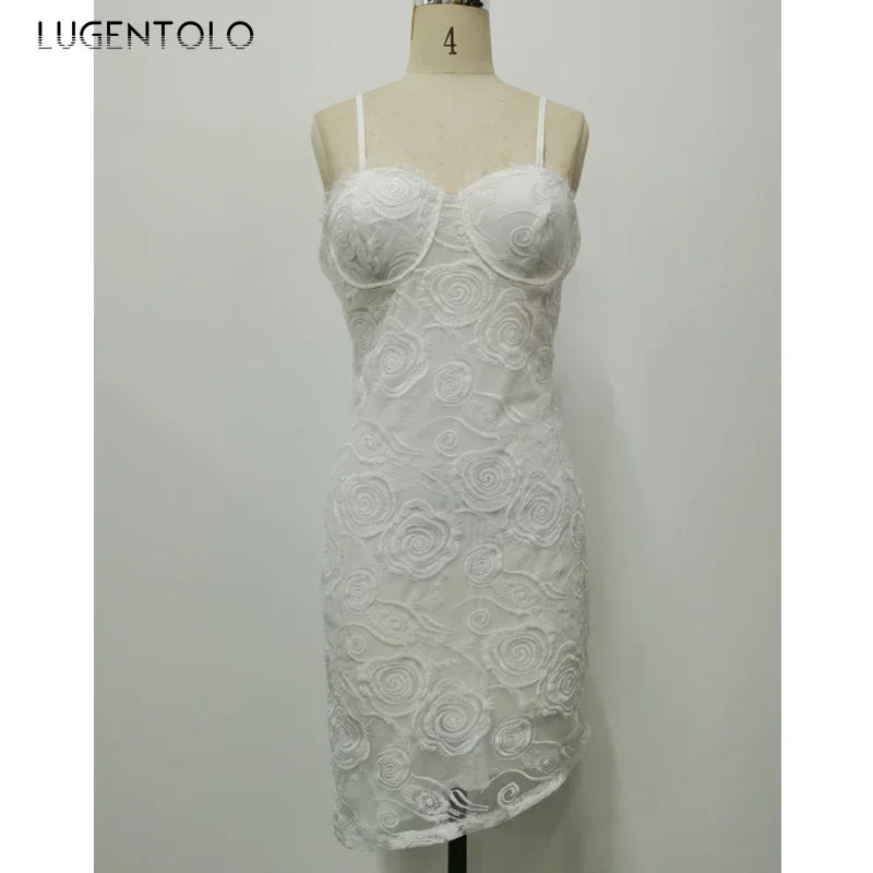 Sexy Dress Women Spaghetti Strap Breast Wrap Party Ladies White Lace Irregular  Slim Empire Long Clothing Lugentolo