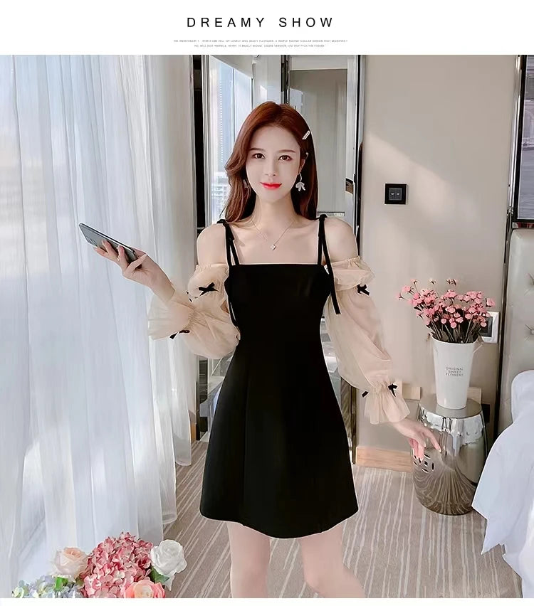 Flare Sleeve Evening Dress for Women Black Elegant Bow Mesh Patchwork Luxury Temperament Famous Lady Aesthetic Платье Женское
