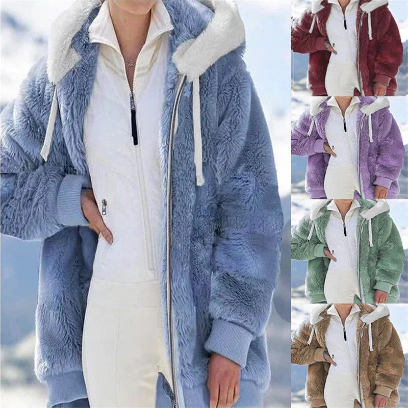Women Winter Warm Faux Fur Jacket Plush Coat New Casual Hooded Fashion Zipper Soft Fleece Cashmere Jackets Female Thick Clothing