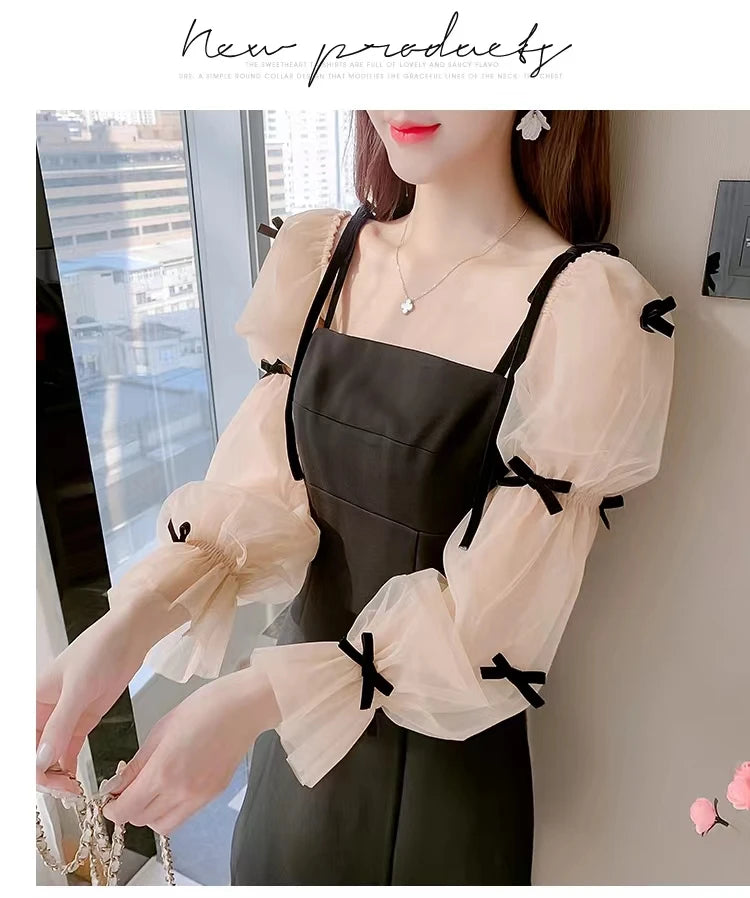Flare Sleeve Evening Dress for Women Black Elegant Bow Mesh Patchwork Luxury Temperament Famous Lady Aesthetic Платье Женское