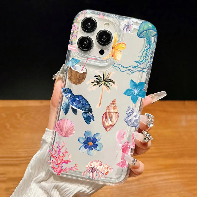 Transparent Turtle Lobster Coconut Print Case For iPhone 16E 16 15 14 13 12 11 Pro Max Mini Soft Covers