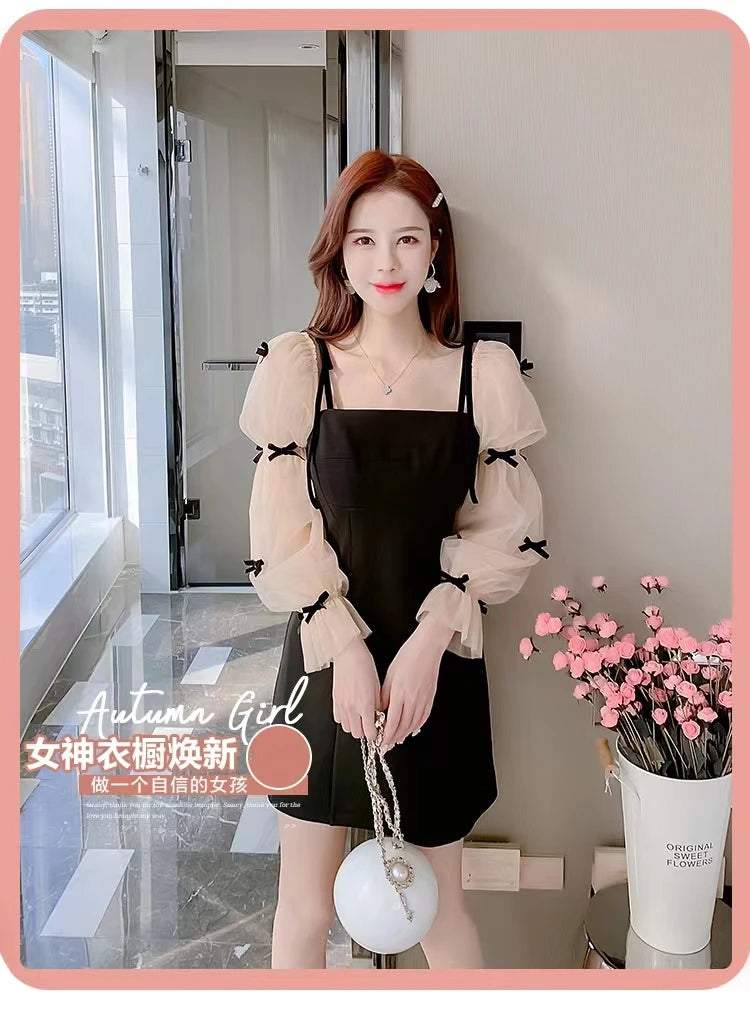 Flare Sleeve Evening Dress for Women Black Elegant Bow Mesh Patchwork Luxury Temperament Famous Lady Aesthetic Платье Женское