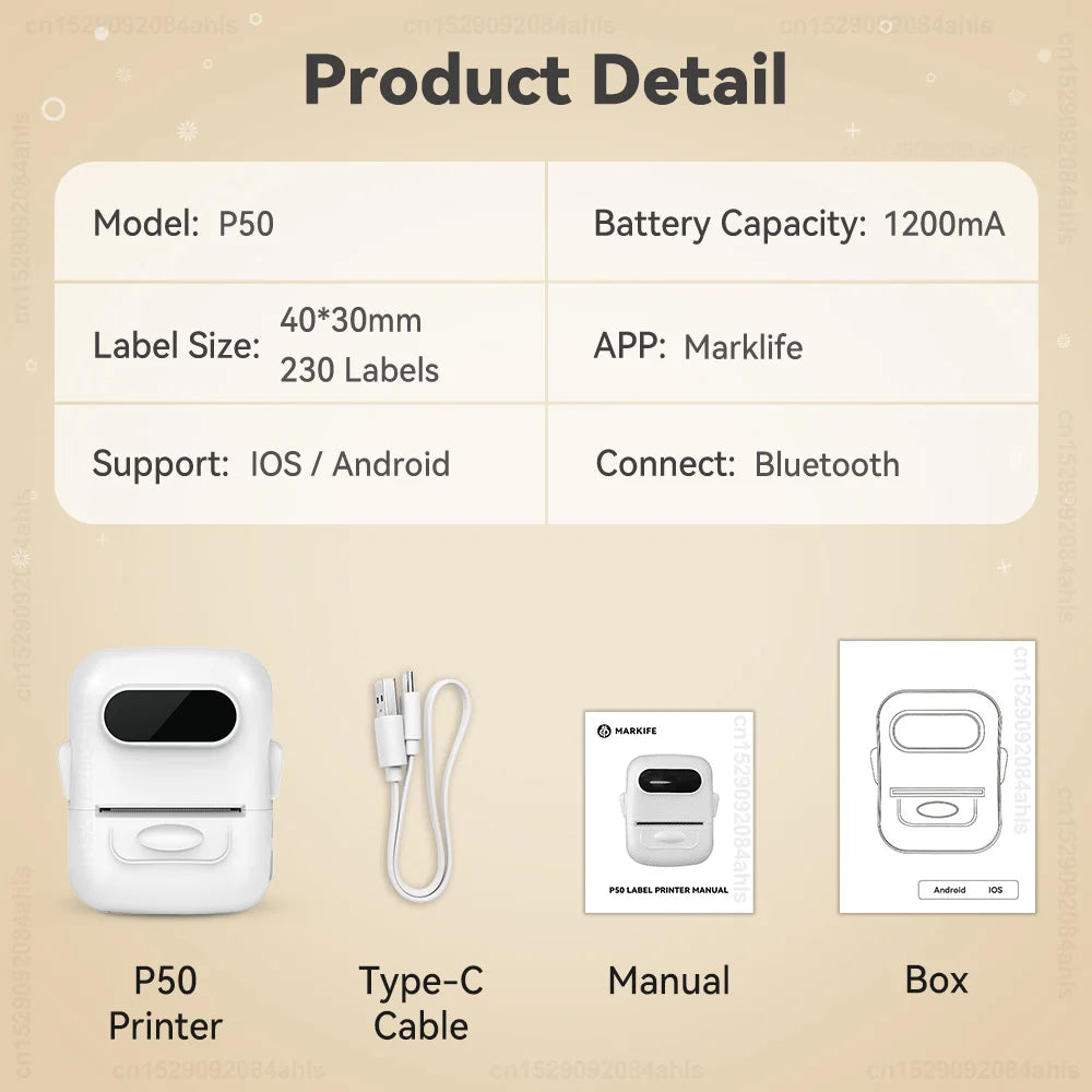 Mini Portable Thermal Printer P50 Adhesive Label Printer Portable Bluetooth Labeling Machine 2inch Maker or 3PK P50 Label Tapes