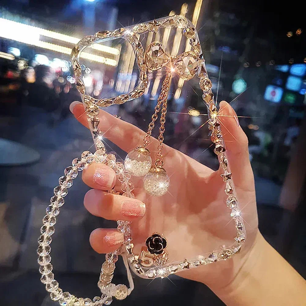 Transparent Case for iPhone16, 15, 14, 13, 12 17 Air Bowknot with Hand Chain, Camera Lens Frame, Glitter Diamond, Luxury