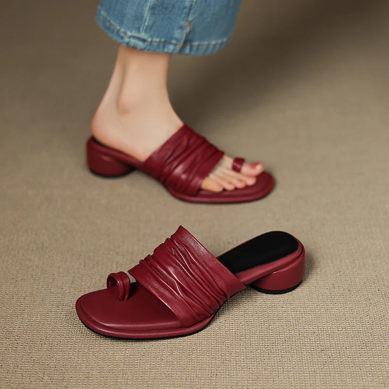 2025 NEW Summer Women Mules Genuine Leather Shoes for Women Open Toe Med Heel Shoes Slippers Pleated Modern Sandals