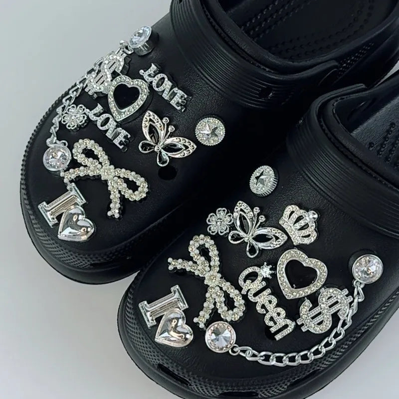 20PCS Fashion Shoe Charms Set Accessories Hole Shoe Buckle Silver Rhinestone Letter Bow Chain DIY Shoes Decorations for Bogg Bag