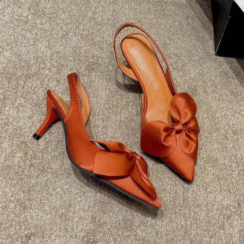 Lady Kitten Heels Back Strap Sandals Silk Statin Big Bow Fashionable Shoes Kitten Heels Back Strap 7cm Pumps In Orange Green 42