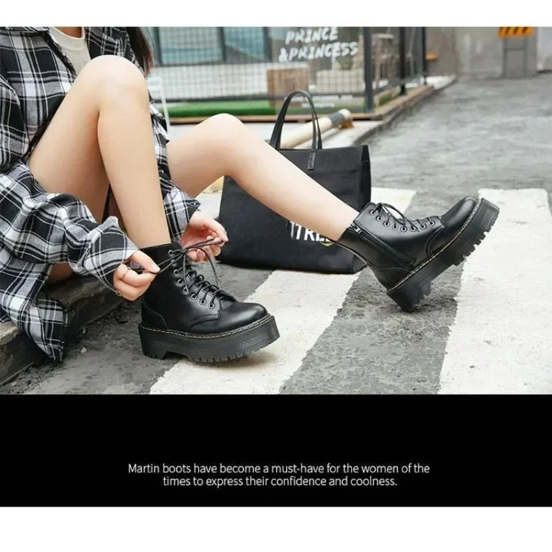 Women Ankle Boots Casual Shoes Female Leather Chelsea Boot Ladies Classic Punk Woman Goth Shoes High Platform Boots Women Black