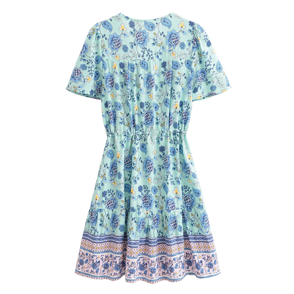 Boho Queens Women Wild Floral Print Deep V-neck Summer Bohemian Mini Dresses Robe Lady Short Sleeve Beach Boho Dress Vestidos