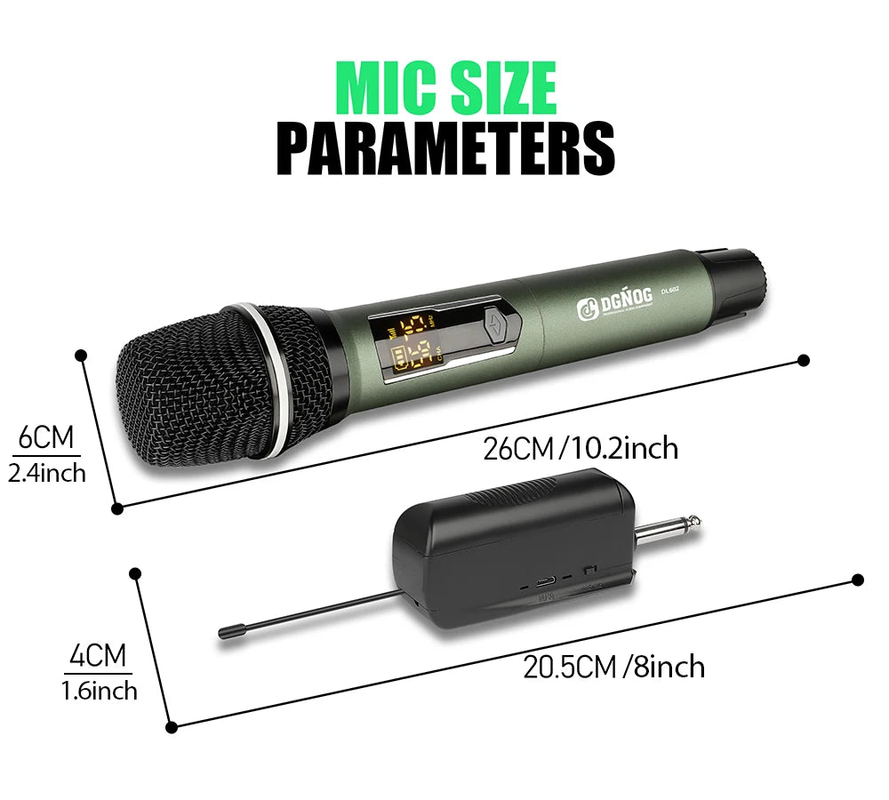 Rechargeable Battery Microphone 2 Channel UHF Wireless Microphone Dual Handheld Dynamic Adjust Frequency For Stage 200ft DL602