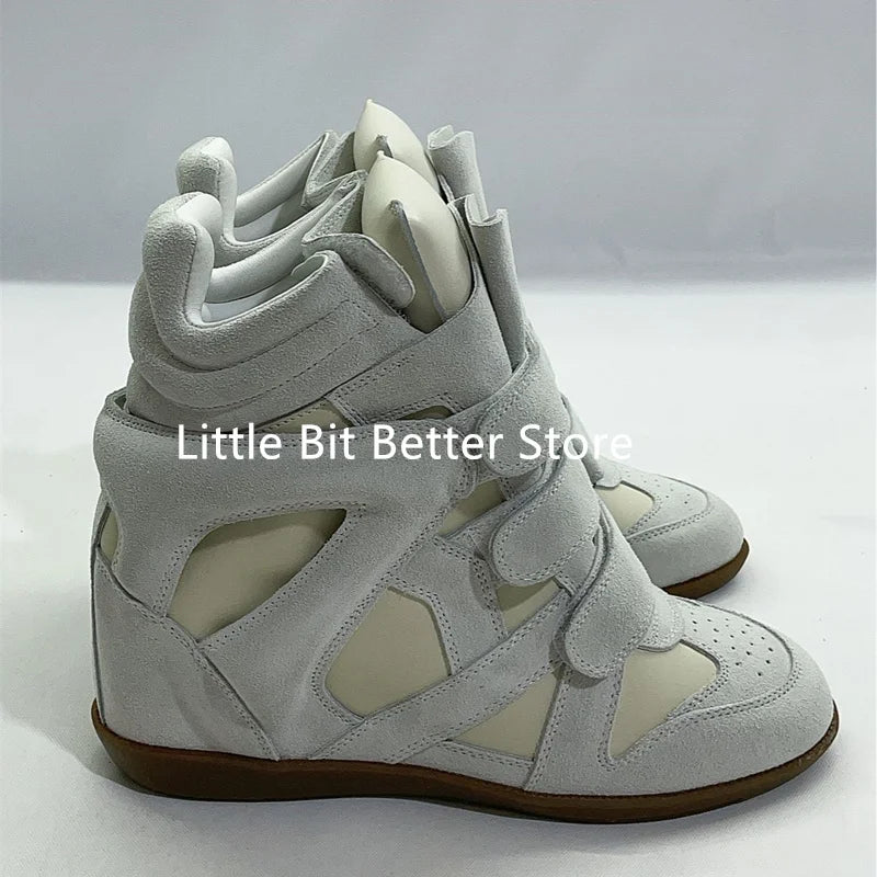 A Genuine Leather Casual Shoes Women's 2026 Summer Breathable Hollow Hidden Wedges Sneakers Hook Loop Trainers High Top