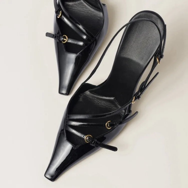 French Style Belt Buckle Wine Red Sandals 2024 Brand Summer Retro Patent Leather Socialite Temperament Pointed Black High Heels