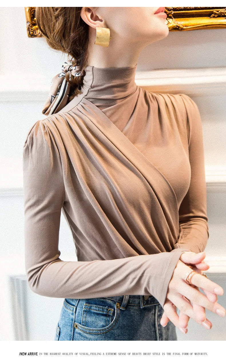 EVNISI Women Casual Thickening Warm Shirt Elegant Office Long Sleeved T-shirt Mock Neck Women Bottoming Tops 2024 Autumn Winter