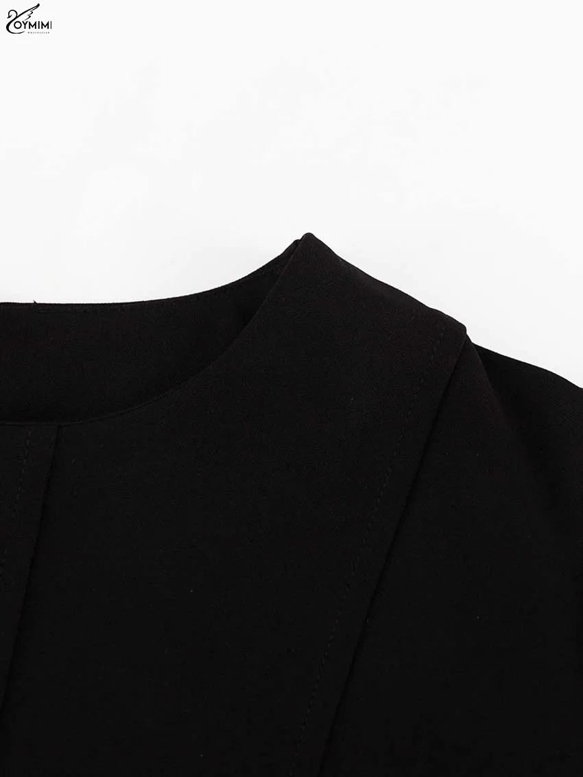 Oymimi Elegant Black O-Neck Womens Dresses Fashion Long Sleeve Patchwork Slim Dresses Casual New Straight Ankle-Length Dress