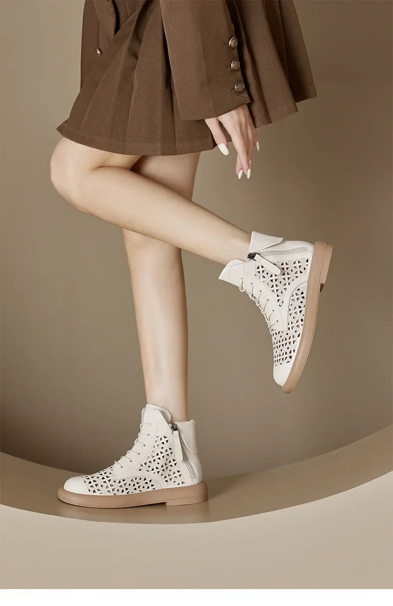 Leather Boots Woman 2025 Retro Leather Hollow Boots for Women Platform-soled Double-side Zipper Casual Short Boots Women's Shoes