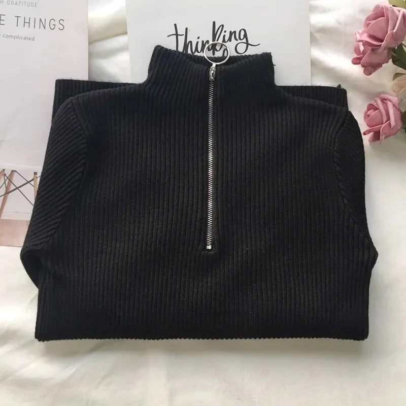 Autumn Winter Turtleneck Women Sweater Long Sleeve Zipper Neckline Knitted Pullover Female Sweater Slim Basic Knitted Jumpers