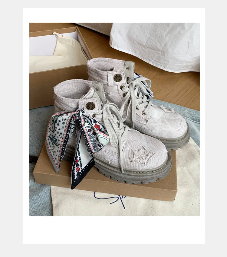 Women's Boots  New Thick Sole Breathable Ribbon Strap Short Boots Anti Slip Lace-up Height Increasing Fashion Boots