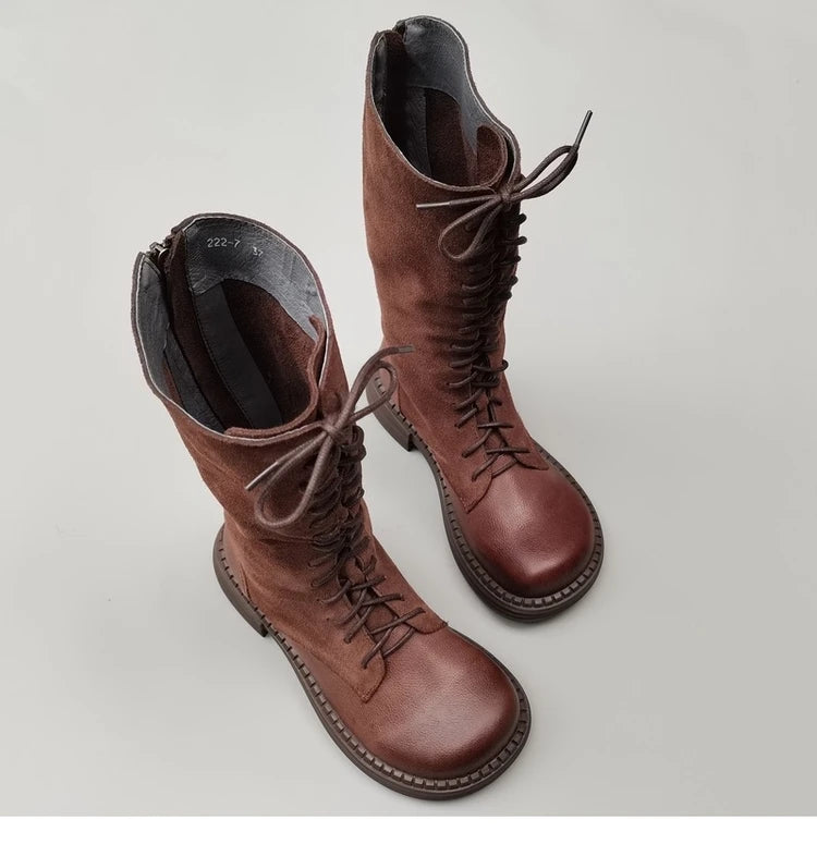 Autumn 2024 Shoes Long Noses Riding Boots Natural Leather Wide Toe Women's Boots Kne-High Cowhide Suede Single Lace-up booties