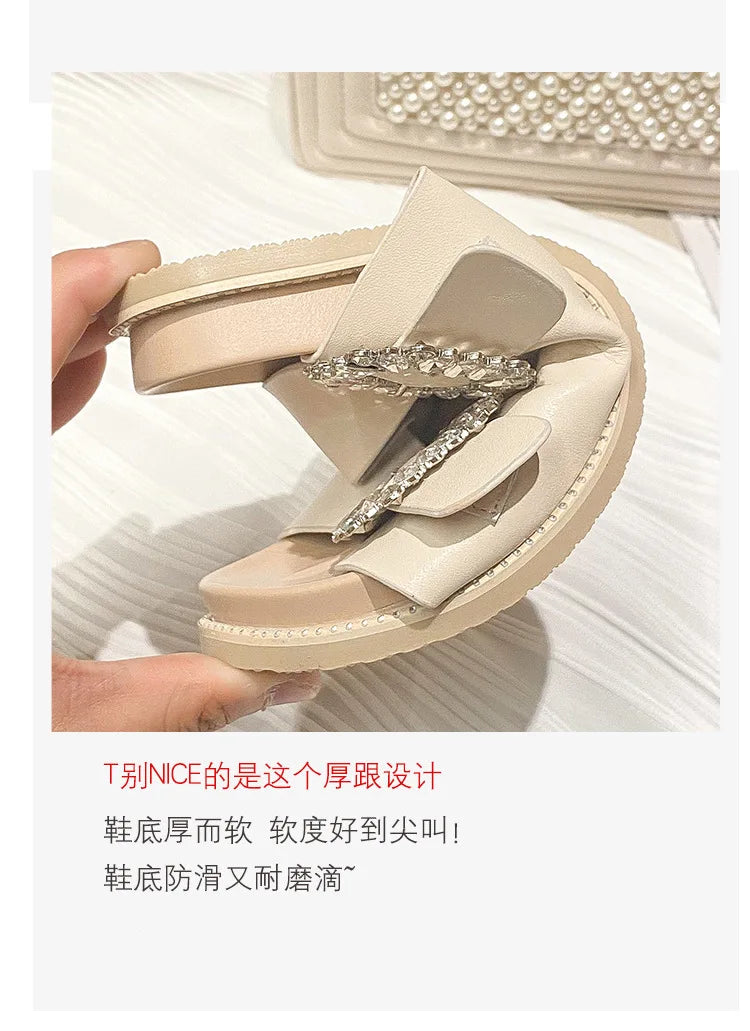 2025 Brand Rhinestone Buckle Sandals Women Double Band Slippers Crystal Shoes Ladies Casual Slides Slip On Flat Heels Flip Flops