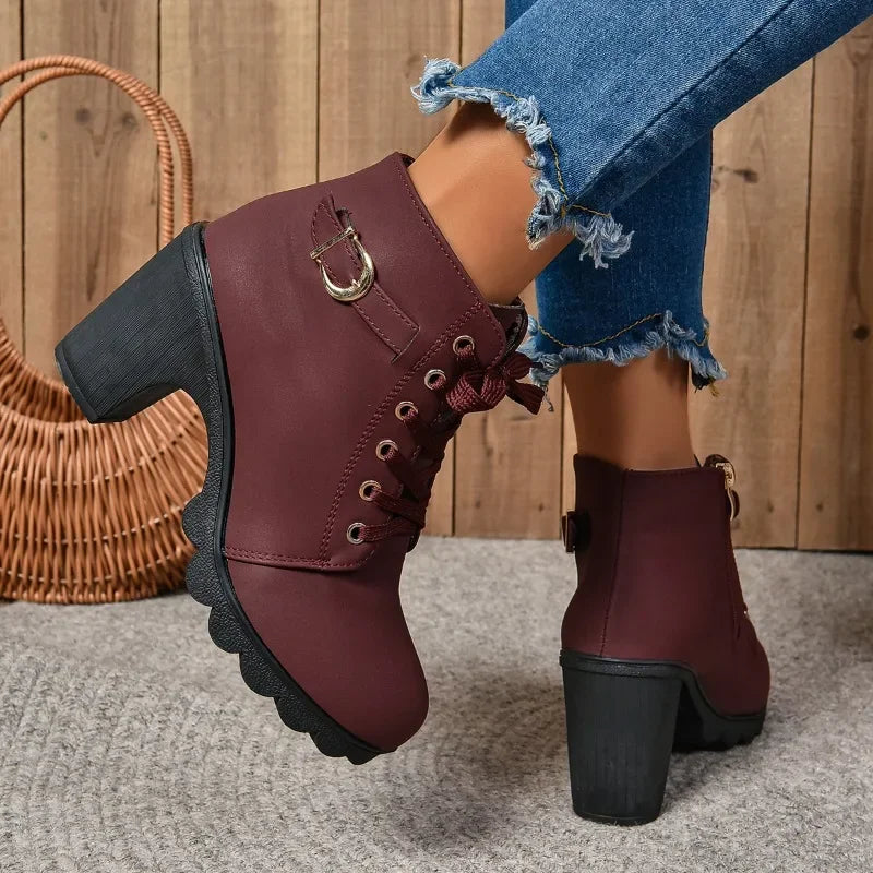 2024Women High Heel Ankle Boots Autumn Winter Booties Woman Fashion New Lady Shoes Brown Black Short Boot Female